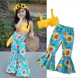 Kids Baby Girl Clothes Sets Summer 1-5Y Fashion Girl Sleeveless Halter Bow Crop Tops+Floral Wide Leg Pants 2Pcs Girl Outfits