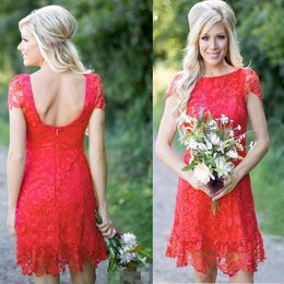 Cheap Red Country Bridesmaid Dresses Full Lace Short Capped Sleeves Scoop Neck Sexy Back Maid of Honor Gown Wedding Party Wear