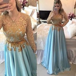 2019 Winter Long Sleeve Gold Lace Prom Evening Dresses Jewel Bow Ribbon Beaded Elegant Formal Evening Gowns Homecoming Graduation Dress