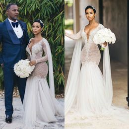 2020 Arabic Mermaid Wedding Dresses With Wrap Deep V Neck Long Sleeve Beaded Lace Appliqued Bridal Gowns Robe De Mariée