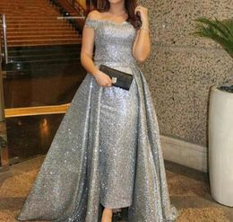 Elegant Silver Sequined Evening Dresses 2019 Off Shoulder Celebrity Holiday Women Wear Formal Party Prom Gowns Custom Made Plus Size