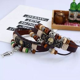 New Skull fish Leather Bracelets Multilayer Handmade Beads Charm Adjustable Friendship Bracelet For Men Women Jewelry