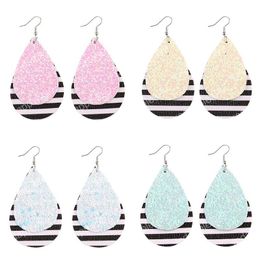 Women Double Layer Leather Teardrop Earrings PU Leather Sequined Multicolor Dangle Earrings for Women Girl Jewelry Gift New Design