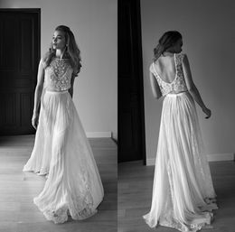 Lihi Hod Beach Wedding Dresses A Line Lace Appliqued Beads Illusion Bodice Sweep Train Boho Bridal Gowns Jewel Neck Cheap Wedding Dress