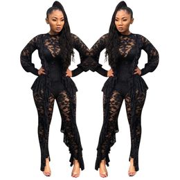 Long Sleeve Sexy Sheer Black Lace Jumpsuit Bodysuit Women See Through Ruffle Party Club Wear One Piece Bodycon Jumpsuit Rompers T5190614