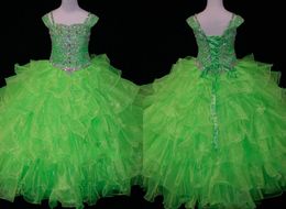Cute Lime GreenToddler Girls Pageant Dresses Ball Gown Organza Ruffled Cap Princess Prom Gowns Little Girls Crystal Bead Flower Girls Dress