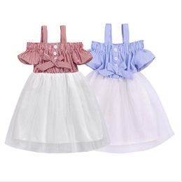 Baby Designer Clothes Girl Suspender Dresses Kids Summer Off Shoulder Princess Dress Fashion Patchwork Pleated Skirts Bow Sundress AYP473