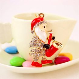 Fashion-Pendant Car Key Chain Classical Musical Santa Clause 3pcs Gold Plated Oil Drop Crystal Rhinestone Enamel Key Ring Holder