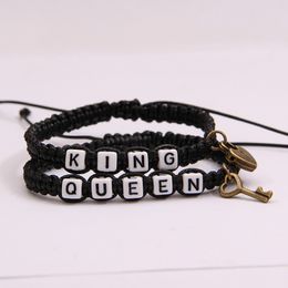 2pcs/Lot Her King and His Queen charm Couple bracelets For women Men vintage Key lock Braided rope Wrap Bangle Fashion Lovers Jewellery