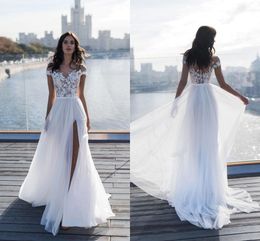 2019 New Capped Sleeves Lace Top Wedding Dresses Sheer Neck A Line Chiffon Summer Beach Side Split Wedding Gowns