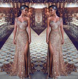 2020 One Shoulder Sequin Mermaid Evening Dresses Ruched Split Beaded Waistband Party Gowns Sweep Train Plus Storlek Prom Klänningar