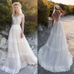 summer lace beach wedding dresses short sleeves buttons back sweep train boho bridal gowns custom made robe de marie