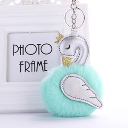Cute Pink Flamingo Keychain Women Rabbit Fur Pompoms Swan Car Key Ring Holder Bag Charm Pendant Party Accessories Gift