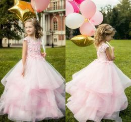 2021 Sweety Pink Little Girls Toddler Formal Pageant Gown 3D Floral Appliques Flower Girl Dresses Tiered Kids First Communion Dress AL5146