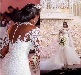 2020 New Black Girl African Plus Size Mermaid Lace Wedding Dresses Long Sleeve High Neck Princess Vintage Wedding Gowns Nigeria