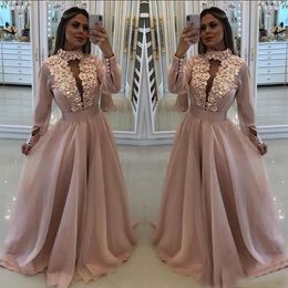 Sexy New Blush Pink Prom Dresses High Neck Keyhole Long Sleeves With Flowers Crystal Beads Organza Formal Party Dress Evening Gowns Wear