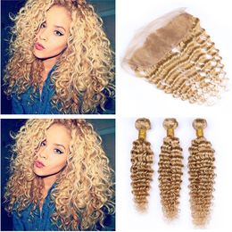 Honey Blonde Curly Brazilian Hair Bundles with Frontal Closure Color #27 Light Brown Blonde Deep Wave Curly Human Hair Free Part Frontals