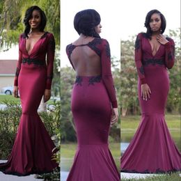 New Long Sleeves Prom Dresses Mermaid Deep V Neck Black Lace Appliques Crystal Beads Burgundy Open Back Formal Evening Dress Party Dress