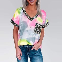 Women's T-Shirt Tie Dye Leopard Tshirt Women Summer Patchwork V Neck Short Sleeve Tops T Shirts Shirt