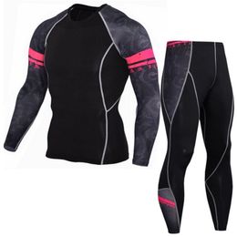 Mens Breathable Workout Fitness Men's Sets Compression Suits Sweat 3D Prints Long Sleeves Compression Shirt and Long Pants