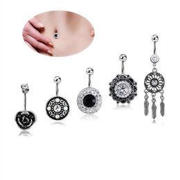 5pcs/set Black Vintage Wasit Belly Dance Crystal Body Jewelry Stainless Steel Rhinestone Navel & Bell Button Piercing Dangle Rings for Women