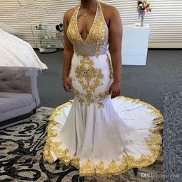 Newest Sexy White Mermaid Prom Dresses With Gold Appliques Halter Neck Sweep Train Elastic Satin Black Girls Evening Party Gowns Vestidos