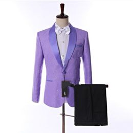 New Popular Side Vent One Button Light Purple Groom Tuxedos Shawl Lapel Slim Fit Groomsmen Wedding Men Party Suits (Jacket+Pants+Tie) 346