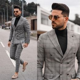 Grey plaid men suits blazer wedding suit slim fit 2 pieces groom tuxedos best mens prom suits jacketpants custom made