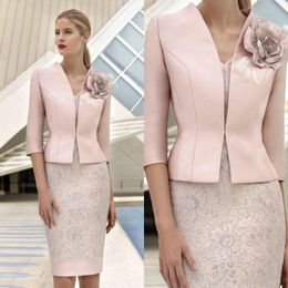 Elegant Pink Mother Of The Bride Dresses With Jacket Lace Appliqued Beads Wedding Guest Dress Knee Length Formal Mother Outfit Prom MD005