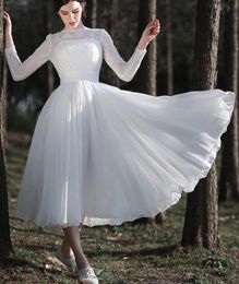 modest chiffon wedding dress UK - A-line Tea Length Lace Chiffon Short Wedding Dresses With Long Sleeves Jewel Neck Zipper Back Informal Modest Little White Bride Dress