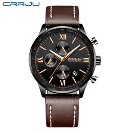 CRRJU Men's Chronograph Leather Wristwatches Military Sports waterproof Clock Male Business Casual Fashion Dress Quartz Watch267I