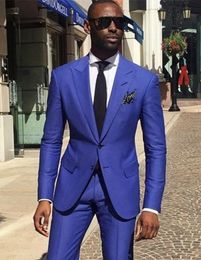 Brand New Royal Blue Men Wedding Tuxdos Peak Lapel Slim Fit Groom Tuxedos Excellent Men Jacket Blazer 2 Piece Suit(Jacket+Pants+Tie) 2662