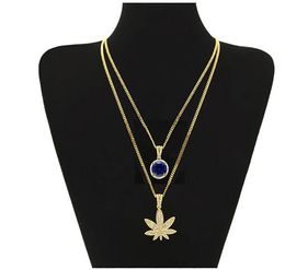 18K Gold Iced Out Maple Leaf Pendant Necklace Round Ruby Pendant Necklace Set 2pcs Jewelry Set For Men Women gifts