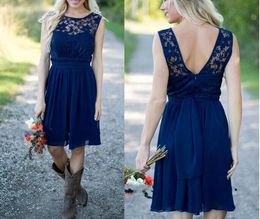 Country Style Royal Blue Chiffon And Lace Knee-Length Cocktail Dresses Cheap Jewel V Back With Sash