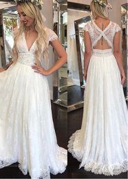 Lace Boho Wedding Dresses Sexy V Neck Backless Beach Wedding Dress A Line Full Lace Rustic Country Wedding Gowns For Women Cheap Bridal