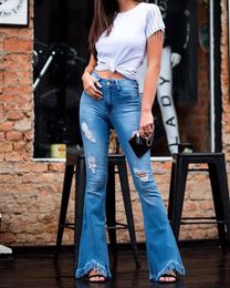 Fashion-Women Flare Denim Blue Jeans Long Slim Fit Skinny High Waist Ripped Holes Jeans Pants