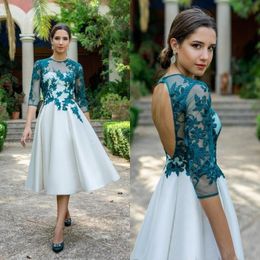 Peacock Lace Applique Mother of Bride Dresses Jewel Elegant 3/4 Long Sleeves Tulle Tea Length Satin Hollow Back Evening Formal Wear