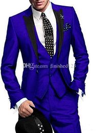 High Quality One Button Blue Wedding Groom Tuxedos Peak Lapel Groomsmen Men Formal Prom Suits (Jacket+Pants+Vest+Tie) W199