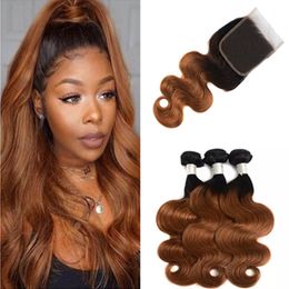 #1B/30 medium Auburn Ombre Body Wave Brazilian Hair Bundles with Closure Light Brown Ombre Human Hair Weaves 3Bundles with Lace Closure 4x4