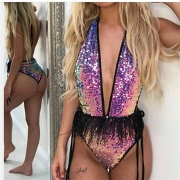 Shiny Sequins One Piece Cut Out Swimsuit Halter Lace Up Tassel Backless Bikini Sexy Tight Swimwear Trajes De Ba O Mujer 2019