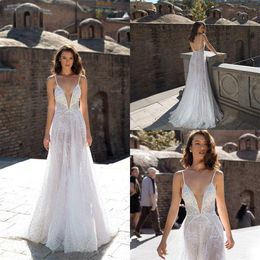 Gorgeous White Wedding Dresses A Line Lace Beading Spaghtiee Strap Dress Custom Made Sweep Train Vestidos De Novia