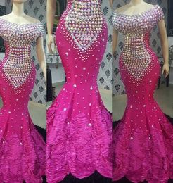 Fuchsia Gorgeous Beaded Prom Dresses South African Mermaid Ruffles Sweep Train Evening Gowns Custom Made Cap Sleeve Plus Size Party Dress