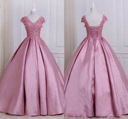 Princess 2018 V-Neck Quinceanera Dresses With Sequins Lace Appliqued Cap Sleeve Prom Dresses Lace-Up Open Back Ball Gowns For Girls Party