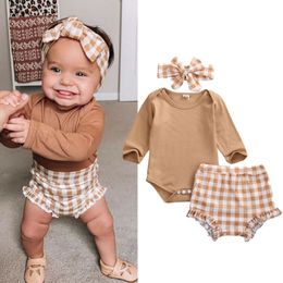 Goocheer 3PCS Baby Girl Clothes Set Toddler Newborn Fall Long Sleeve Bodysuit Tops Plaid Shorts Headband Outfit Clothing 0-24M