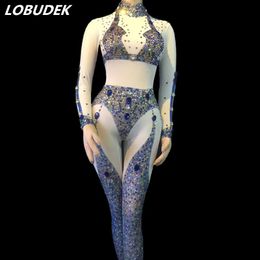 Colorful Rhinestones See-through Jumpsuits White Mesh Perspective Jumpsuit Sexy Women Nightclub Singer Stage Wear Party Celebration Costumes