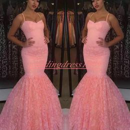 Modest Full Lace Mermaid Evening Dresses Sleeveles Spaghetti Straps African Plus Size Special Occasion Pageant Gowns Prom Dress Party Formal