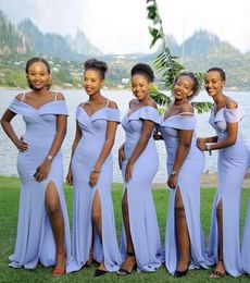 Simple Lavender Long African Bridesmaid Dresses Off Shoulder Mermaid Style Front Split Wedding Party Dresses New Maid Of Honour Dress