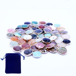 2018 new natural stone mixed Colour striped cut round pendant Mixed gold-plated natural oblate agate Jewellery DIY female necklace (random colo