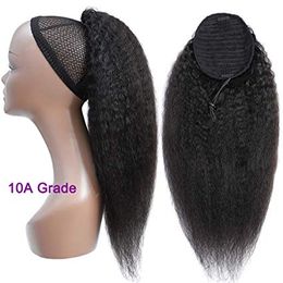 120g African american Natural Italian YAKI Kinky Straight Ponytail Clip in Coarse yaki Human Hair Drawstring Ponytail hair Extensions 14inch