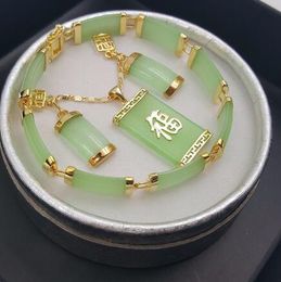 Jade verde Natural colgante collar pendiente pulsera conjunto259T